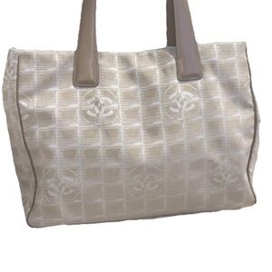 Authentic CHANEL Travel Line Nylon Tote Handbag Beige and Creams Leather Handles